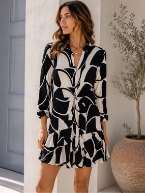Mint Velvet Size 14 Black Cream Abstract Print Mini Dress Twist Front Ruffle Hem